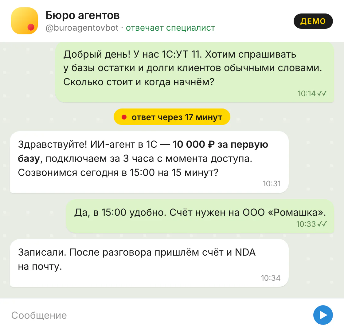 Пример переписки в Telegram-боте Бюро агентов на демо-данных: вопрос о подключении ИИ-агента к 1С и ответ через 17 минут — 10 000 ₽ за первую базу, подключение за 3 часа