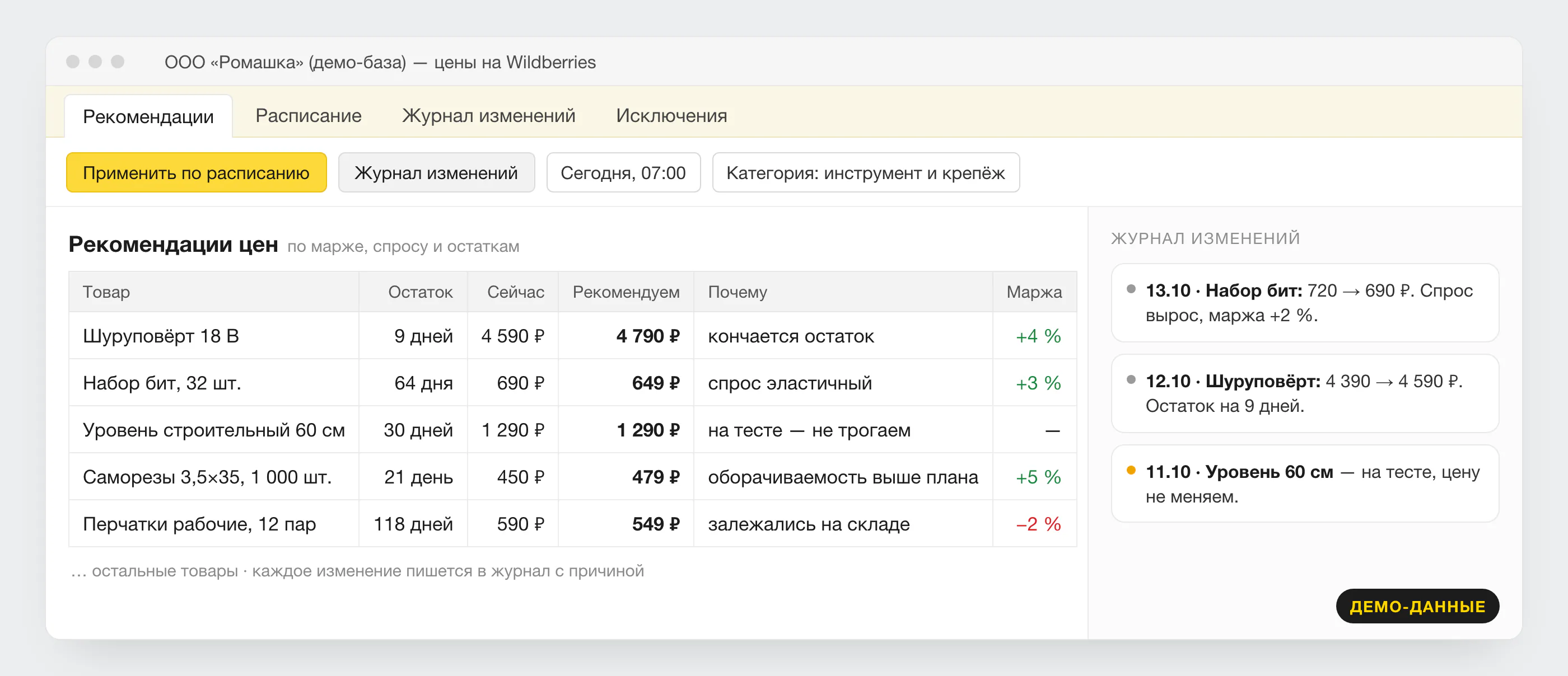 Демо-экран рекомендаций цен для Wildberries: текущая и рекомендуемая цена, причина, эффект на маржу и журнал изменений