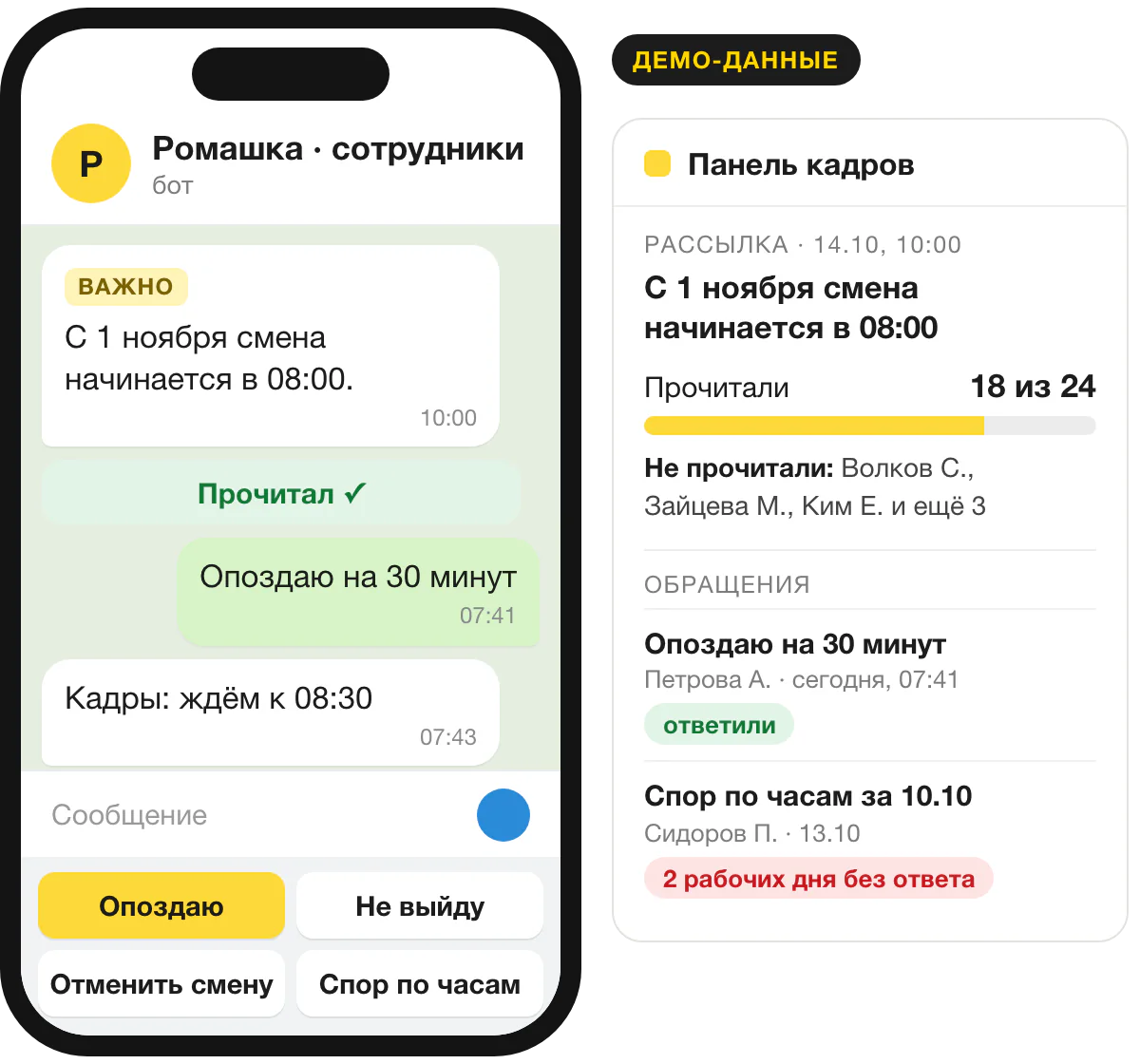 Демо-экран: Telegram-бот сотрудникам присылает объявление с кнопкой «Прочитал» и принимает обращение «Опоздаю»; рядом панель кадров, где видно, что прочитали 18 из 24 и какое обращение ждёт ответа 2 рабочих дня