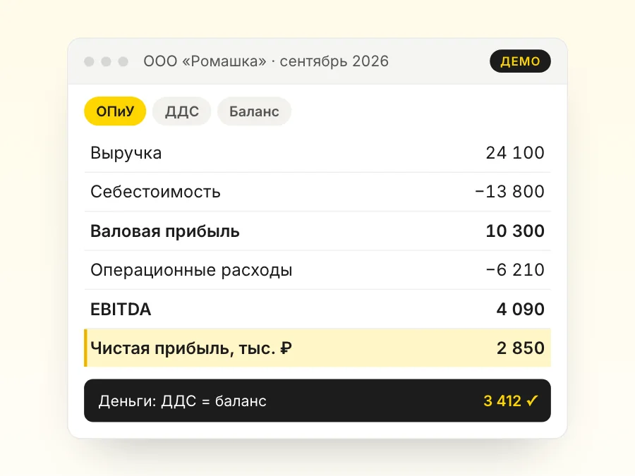Формы управленческой отчётности на демо-данных: отчёт о прибылях и убытках, движение денег и баланс
